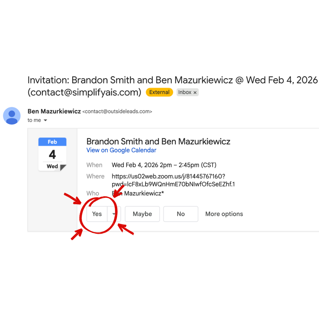 Example of a Google Calendar invitation email showing the Yes button to accept